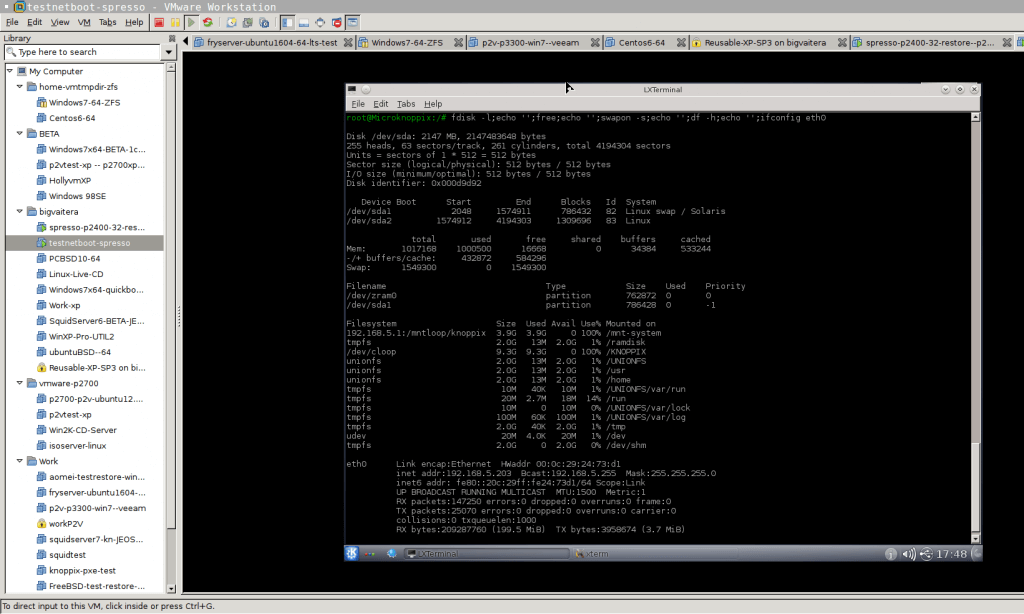 Knoppix DVD 64-bit (selection #99) in the "blank" VM