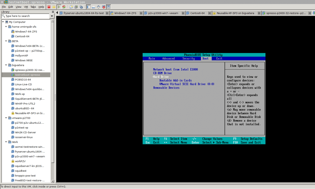 BIOS details for the "client" PXE-booting VM